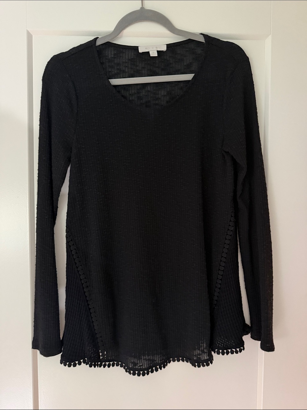 Black Scoop Neck Long-Sleeve Knit Top with Pom Trim